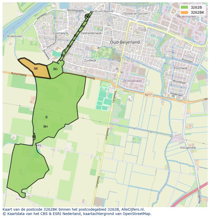Afbeelding van het postcodegebied 3262 BK op de kaart.