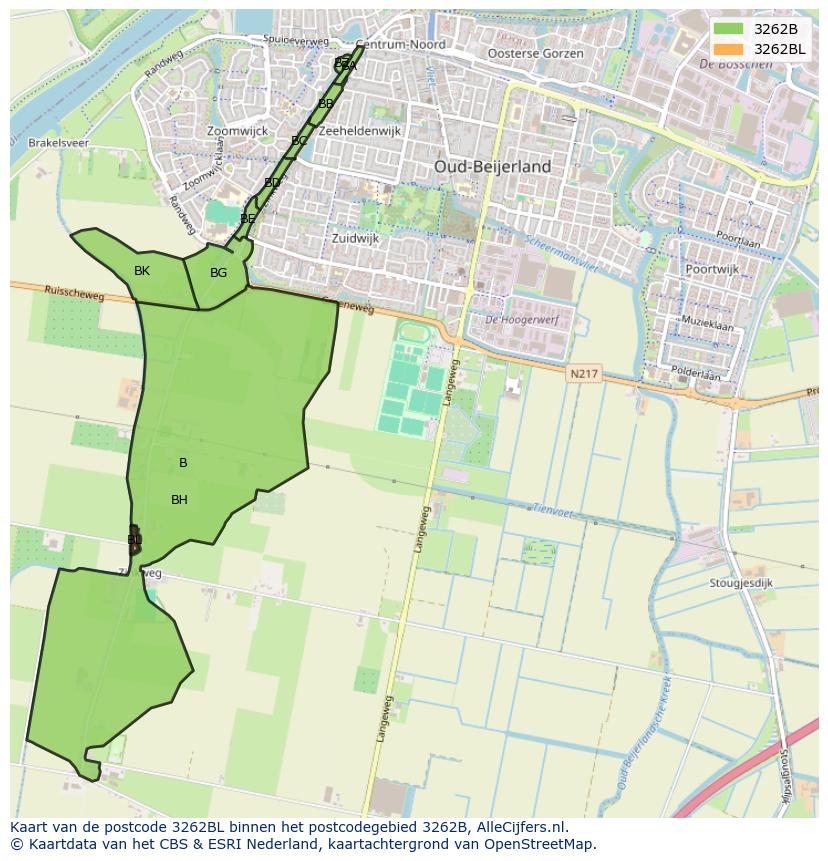 Afbeelding van het postcodegebied 3262 BL op de kaart.