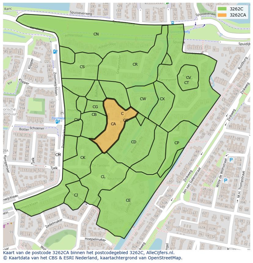 Afbeelding van het postcodegebied 3262 CA op de kaart.