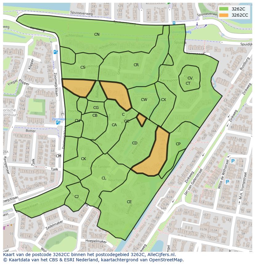 Afbeelding van het postcodegebied 3262 CC op de kaart.