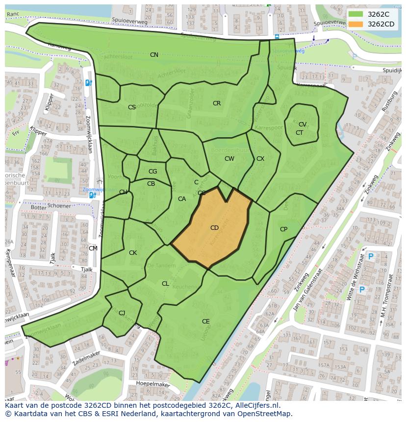 Afbeelding van het postcodegebied 3262 CD op de kaart.