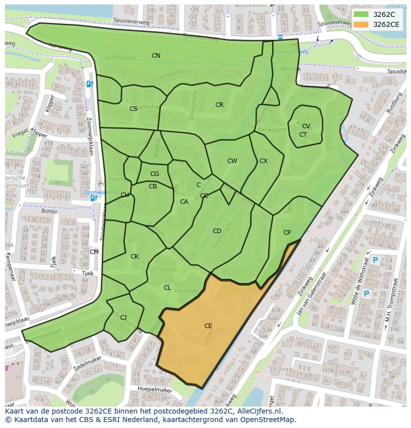 Afbeelding van het postcodegebied 3262 CE op de kaart.