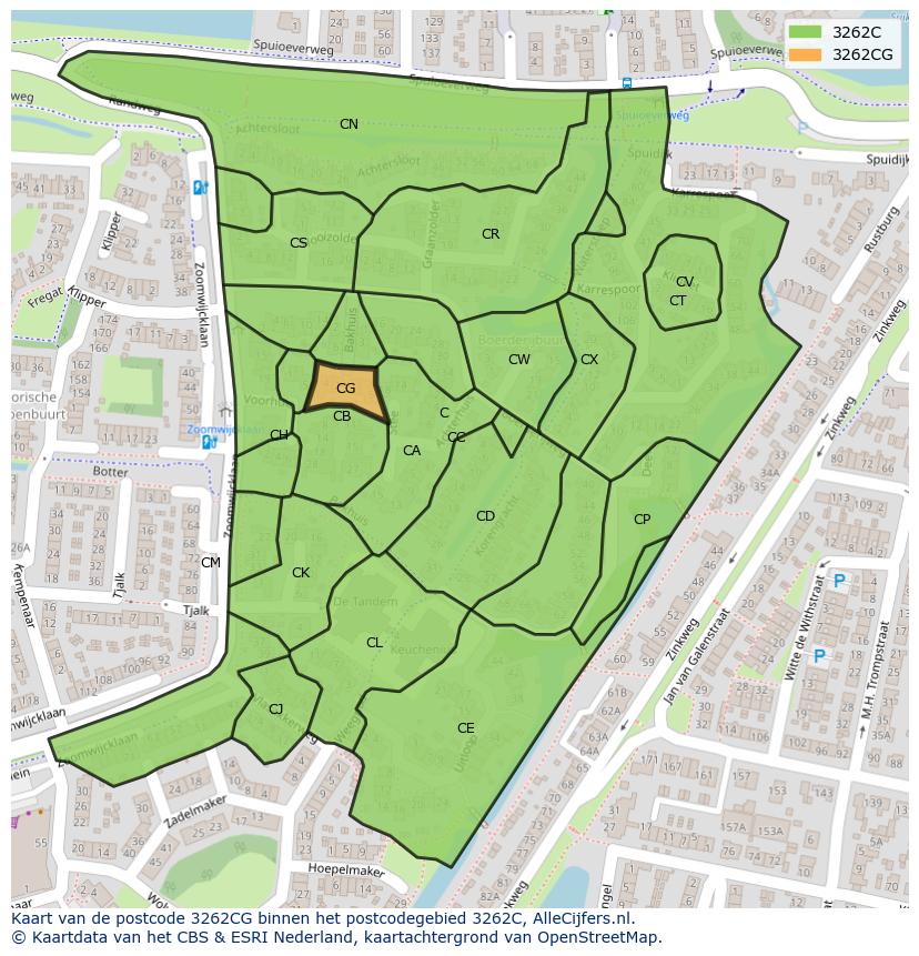 Afbeelding van het postcodegebied 3262 CG op de kaart.