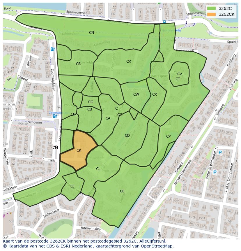 Afbeelding van het postcodegebied 3262 CK op de kaart.