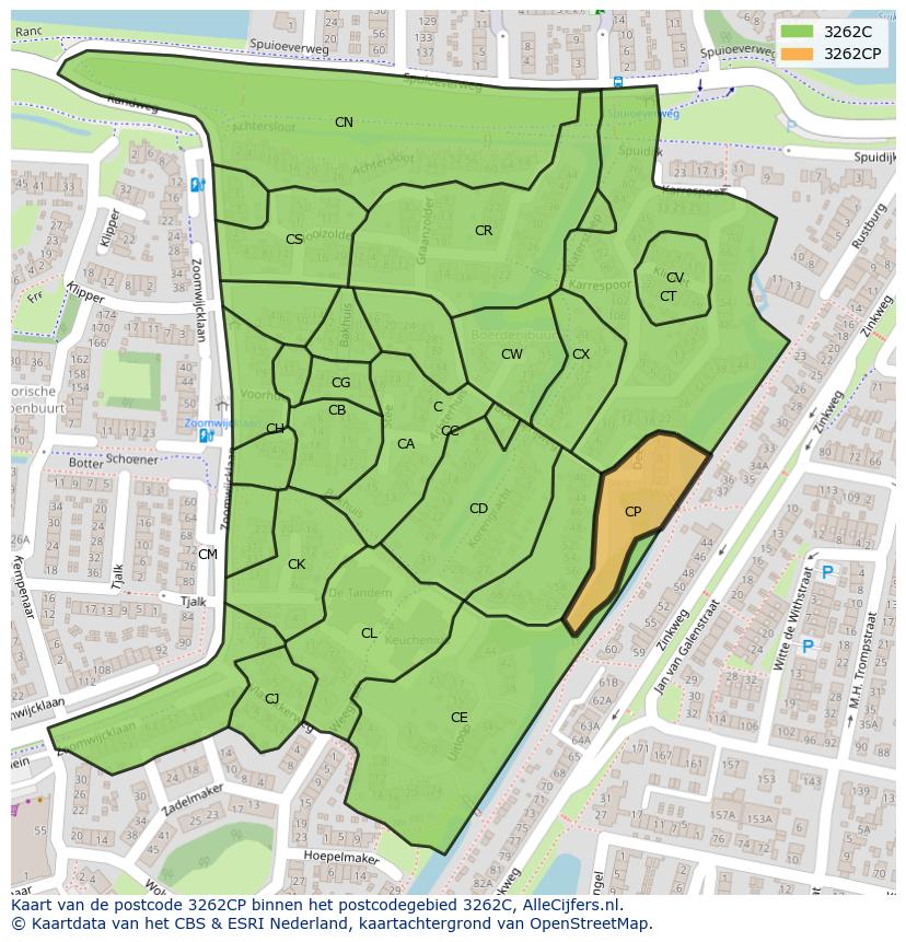 Afbeelding van het postcodegebied 3262 CP op de kaart.