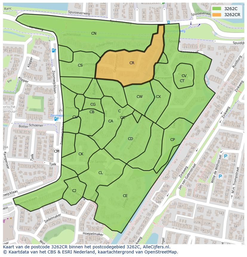 Afbeelding van het postcodegebied 3262 CR op de kaart.