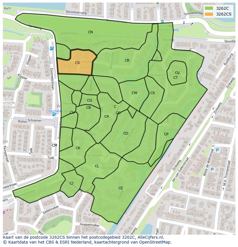 Afbeelding van het postcodegebied 3262 CS op de kaart.