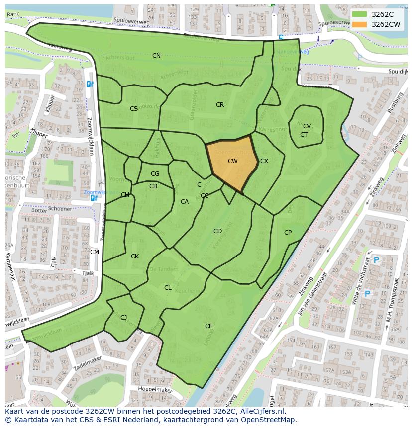 Afbeelding van het postcodegebied 3262 CW op de kaart.