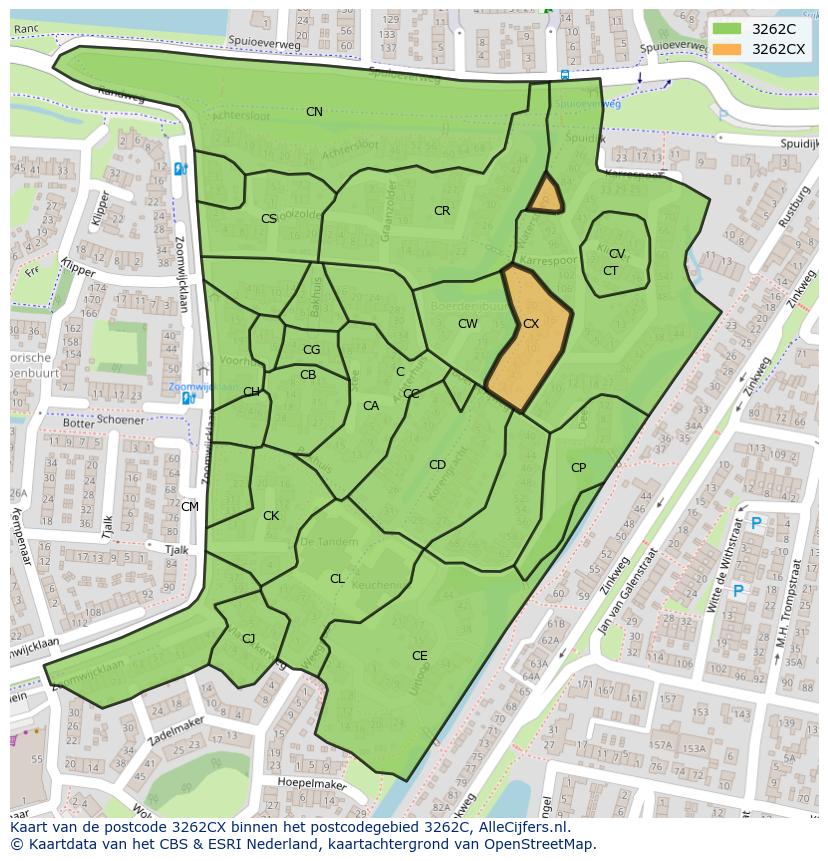 Afbeelding van het postcodegebied 3262 CX op de kaart.