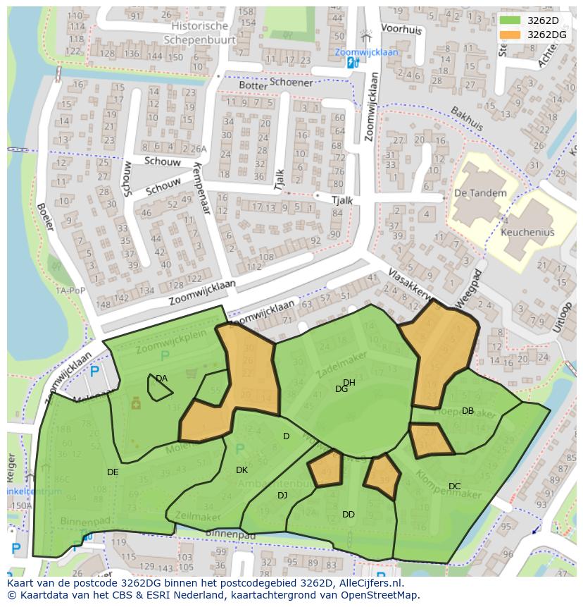Afbeelding van het postcodegebied 3262 DG op de kaart.