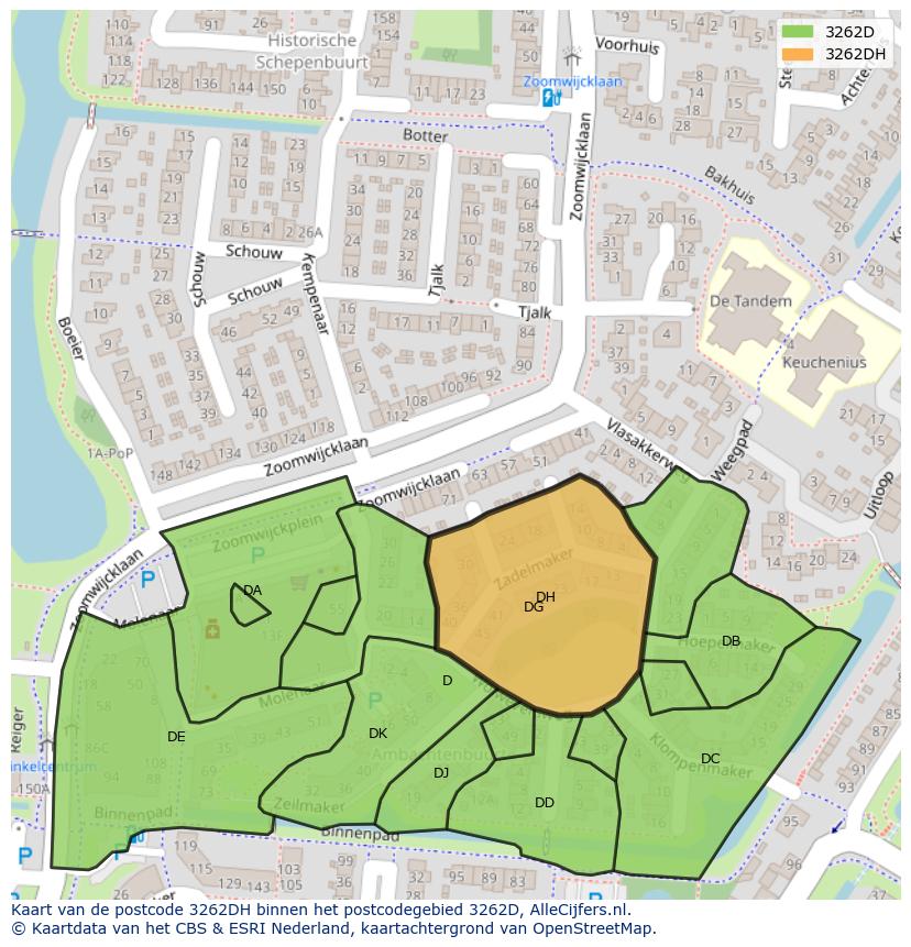 Afbeelding van het postcodegebied 3262 DH op de kaart.