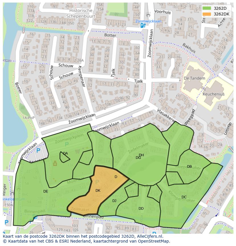 Afbeelding van het postcodegebied 3262 DK op de kaart.