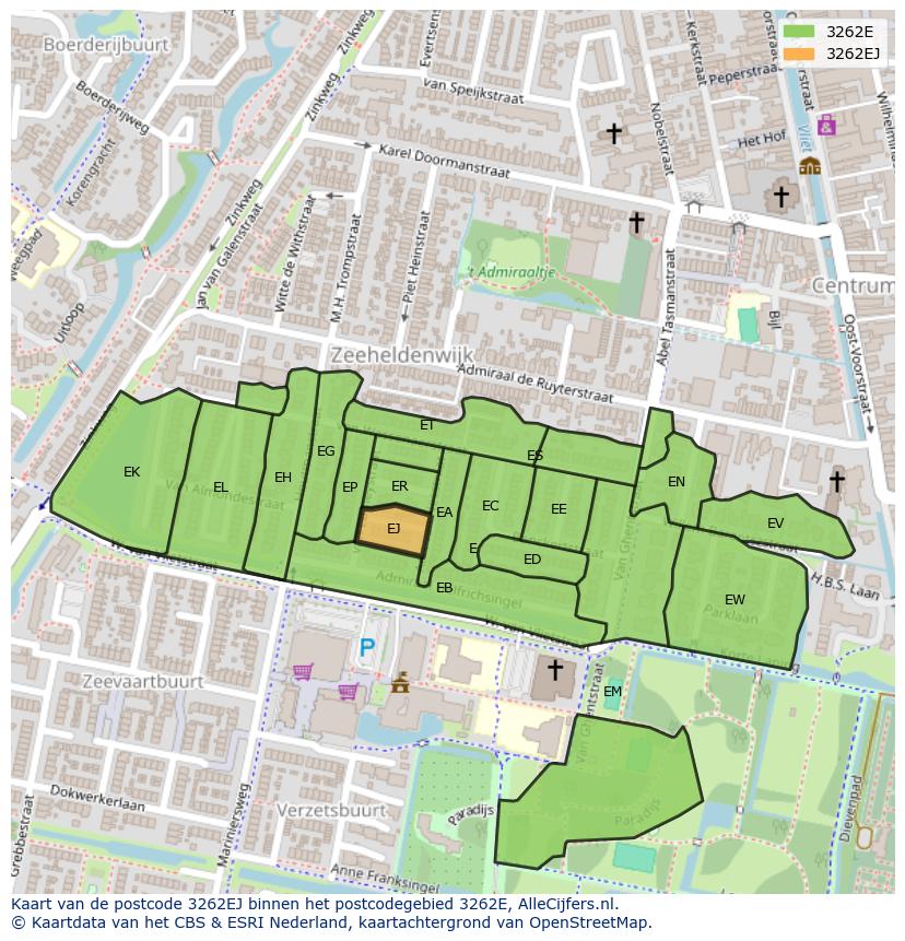 Afbeelding van het postcodegebied 3262 EJ op de kaart.