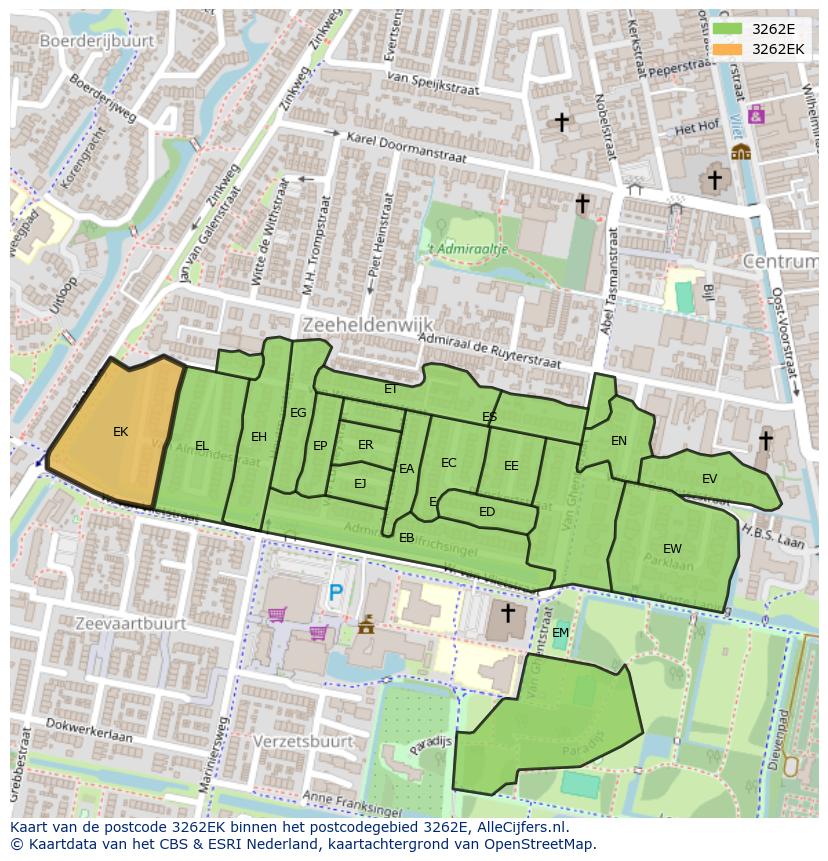 Afbeelding van het postcodegebied 3262 EK op de kaart.