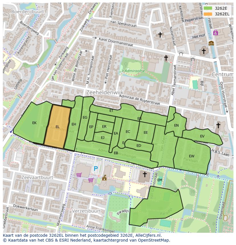 Afbeelding van het postcodegebied 3262 EL op de kaart.