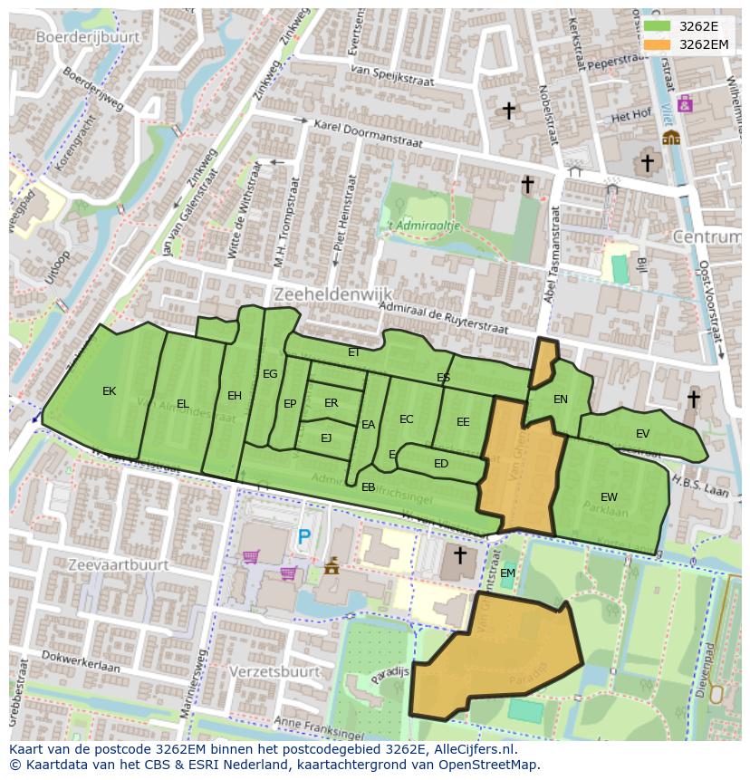 Afbeelding van het postcodegebied 3262 EM op de kaart.