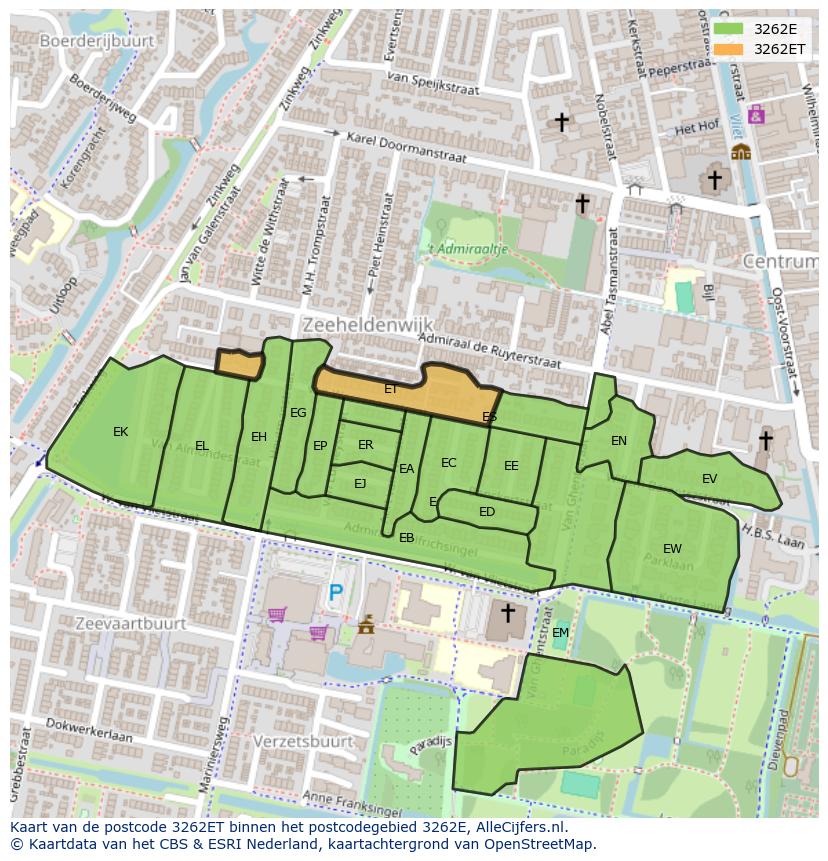 Afbeelding van het postcodegebied 3262 ET op de kaart.
