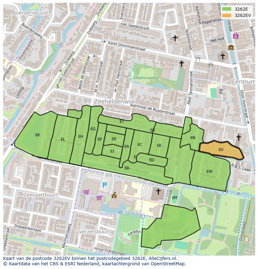 Afbeelding van het postcodegebied 3262 EV op de kaart.