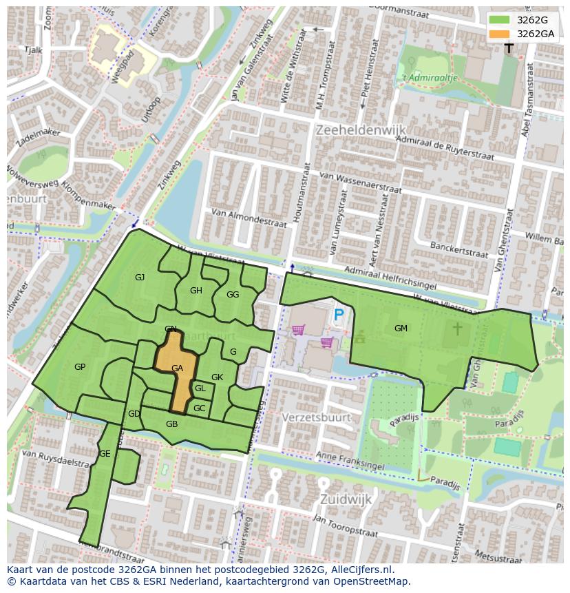Afbeelding van het postcodegebied 3262 GA op de kaart.