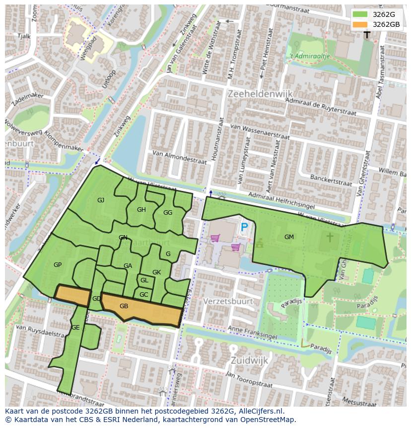 Afbeelding van het postcodegebied 3262 GB op de kaart.