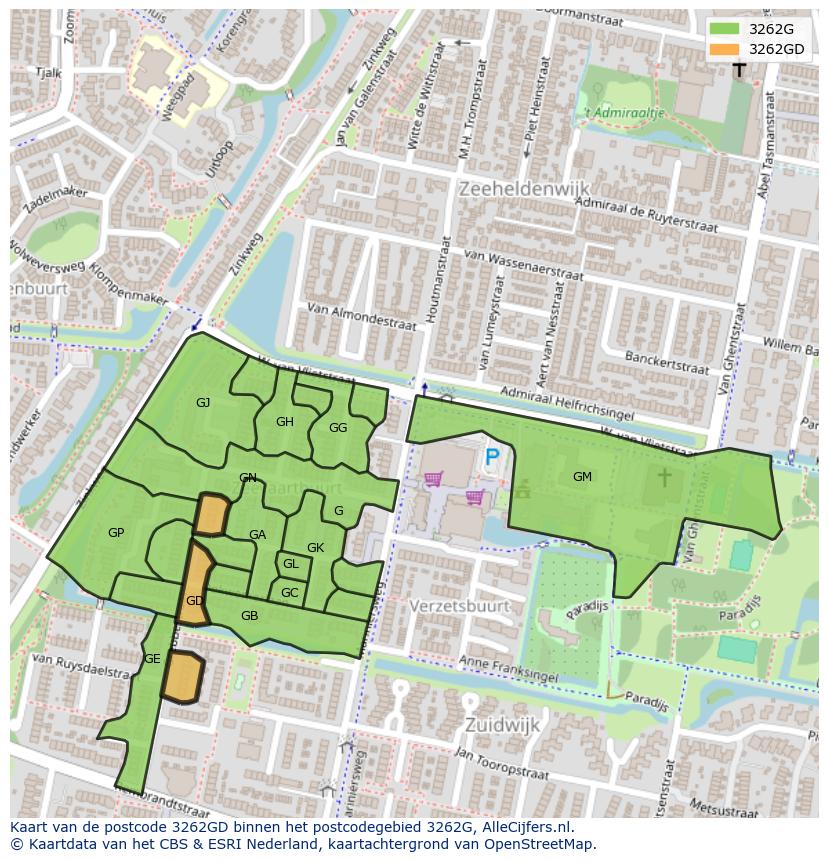 Afbeelding van het postcodegebied 3262 GD op de kaart.