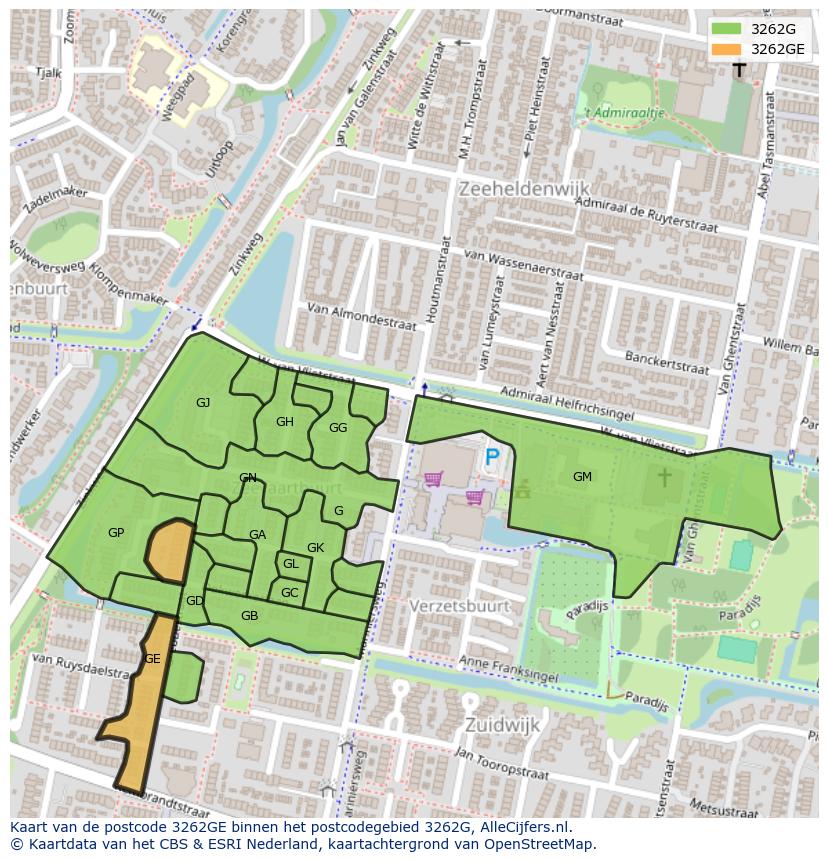 Afbeelding van het postcodegebied 3262 GE op de kaart.