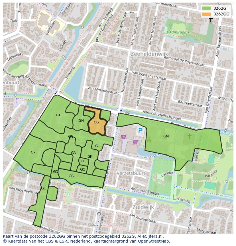 Afbeelding van het postcodegebied 3262 GG op de kaart.