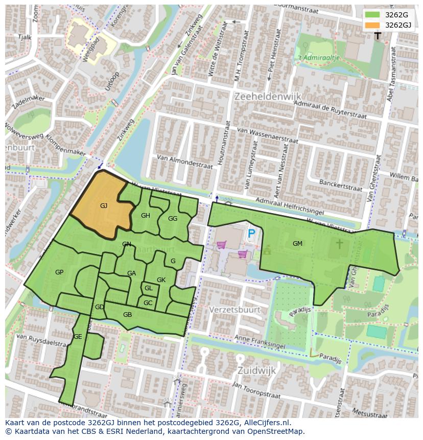 Afbeelding van het postcodegebied 3262 GJ op de kaart.