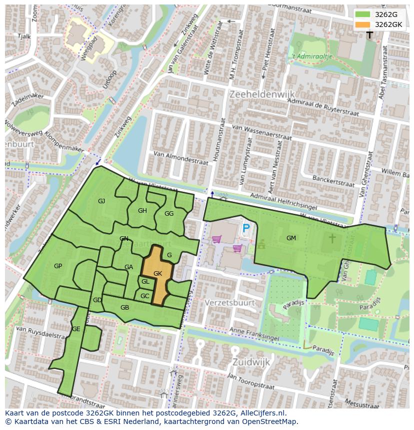 Afbeelding van het postcodegebied 3262 GK op de kaart.
