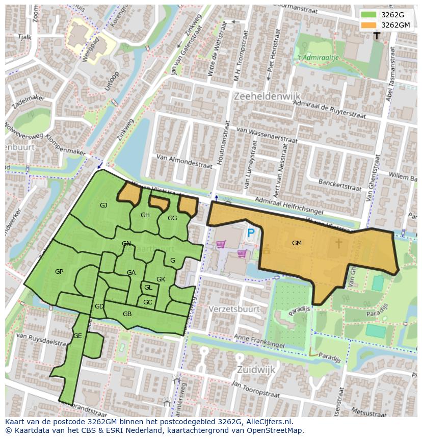 Afbeelding van het postcodegebied 3262 GM op de kaart.