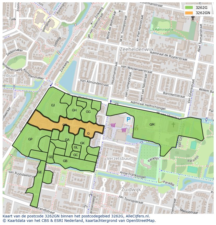 Afbeelding van het postcodegebied 3262 GN op de kaart.