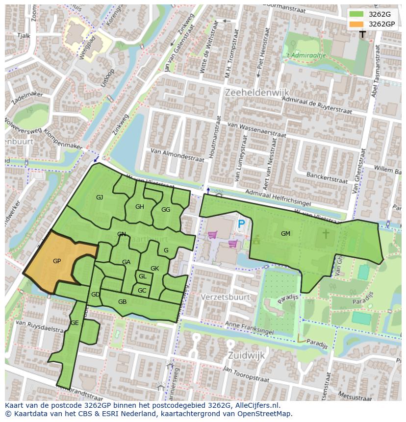 Afbeelding van het postcodegebied 3262 GP op de kaart.