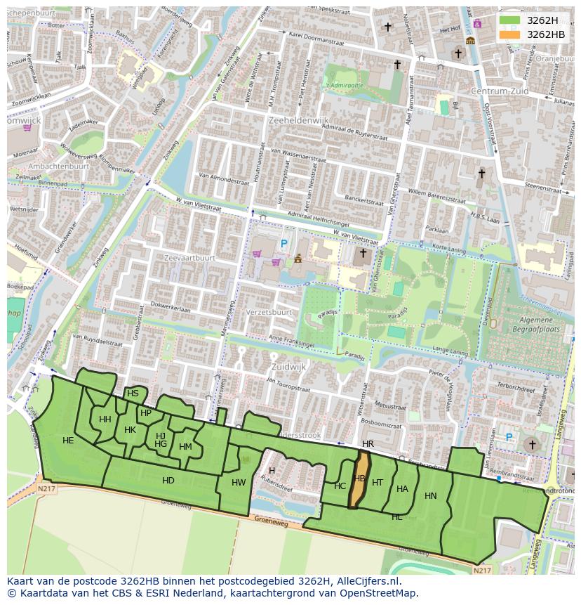 Afbeelding van het postcodegebied 3262 HB op de kaart.