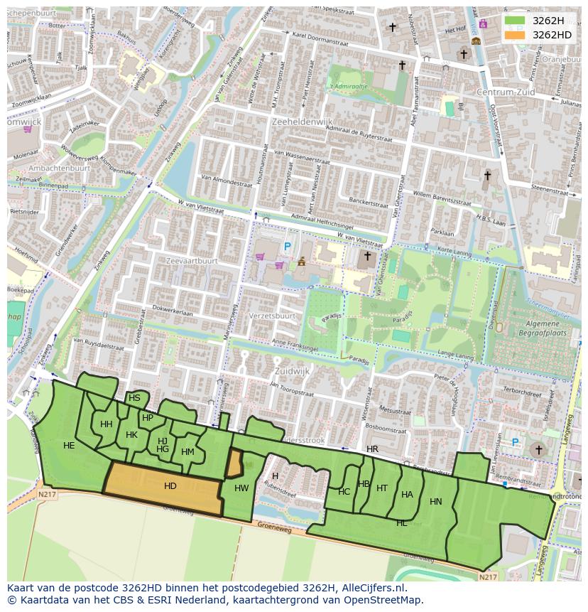 Afbeelding van het postcodegebied 3262 HD op de kaart.
