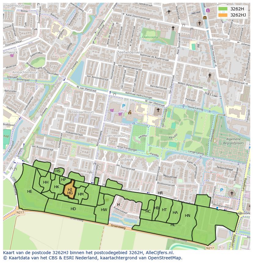 Afbeelding van het postcodegebied 3262 HJ op de kaart.