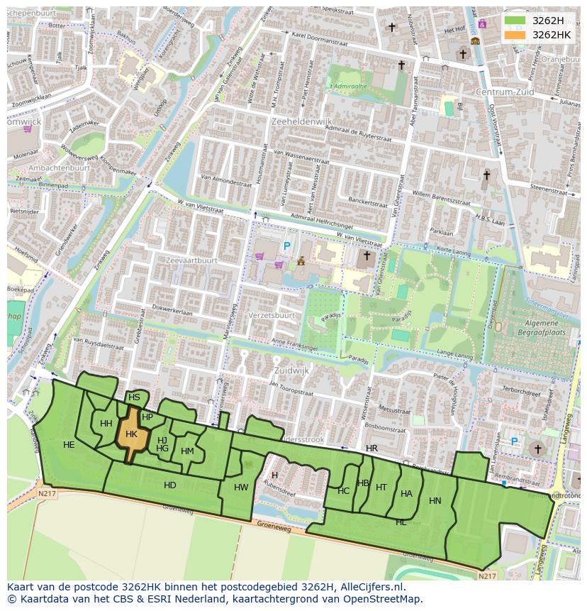Afbeelding van het postcodegebied 3262 HK op de kaart.