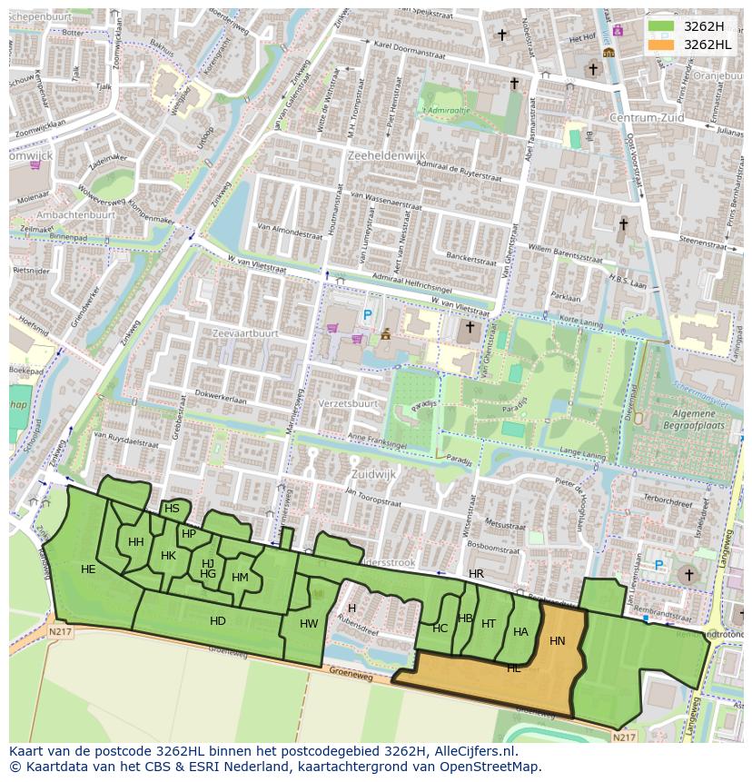 Afbeelding van het postcodegebied 3262 HL op de kaart.