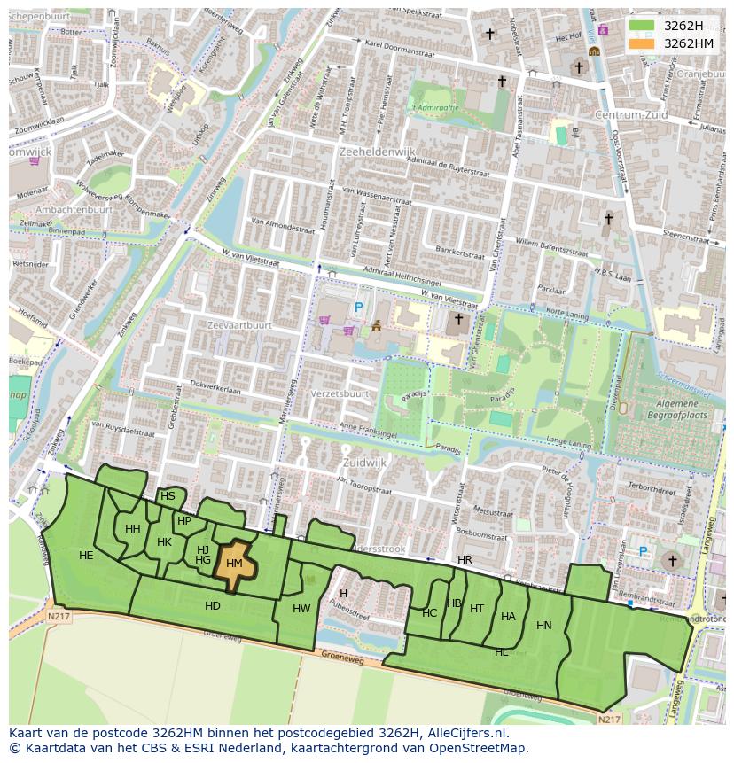 Afbeelding van het postcodegebied 3262 HM op de kaart.