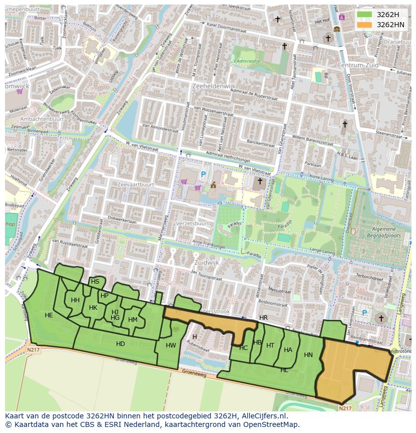 Afbeelding van het postcodegebied 3262 HN op de kaart.