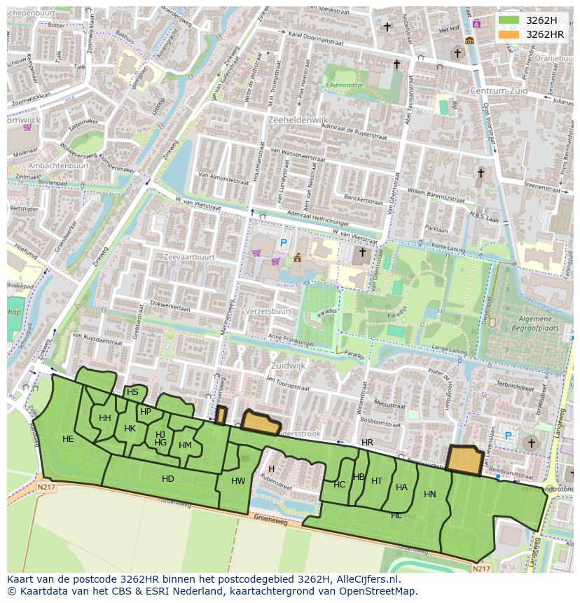 Afbeelding van het postcodegebied 3262 HR op de kaart.