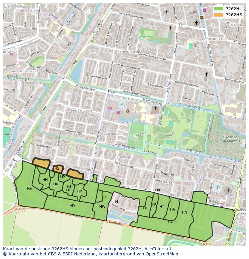 Afbeelding van het postcodegebied 3262 HS op de kaart.