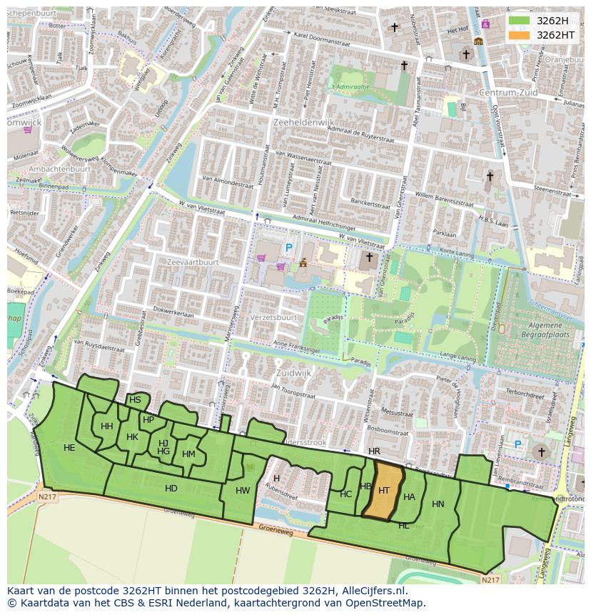 Afbeelding van het postcodegebied 3262 HT op de kaart.