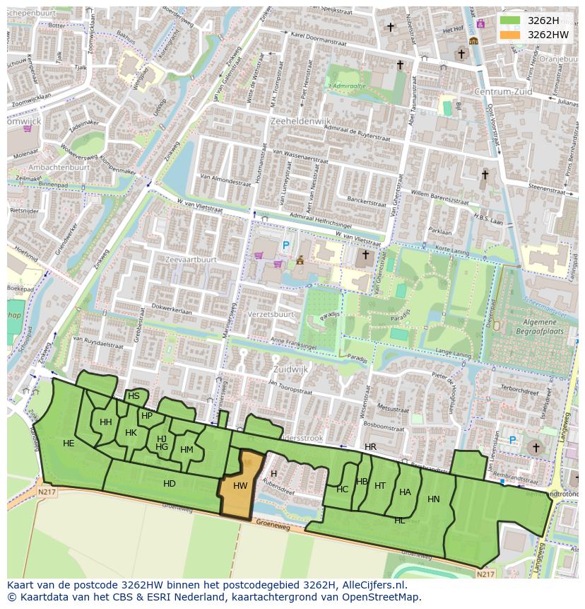 Afbeelding van het postcodegebied 3262 HW op de kaart.