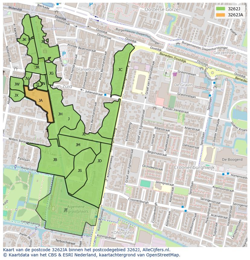 Afbeelding van het postcodegebied 3262 JA op de kaart.