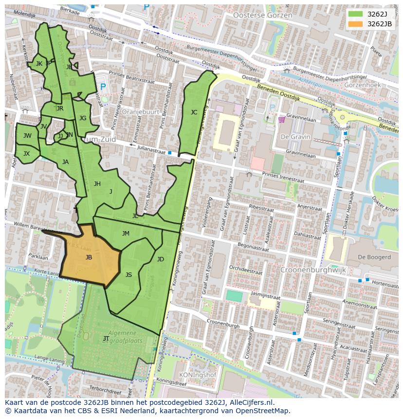 Afbeelding van het postcodegebied 3262 JB op de kaart.
