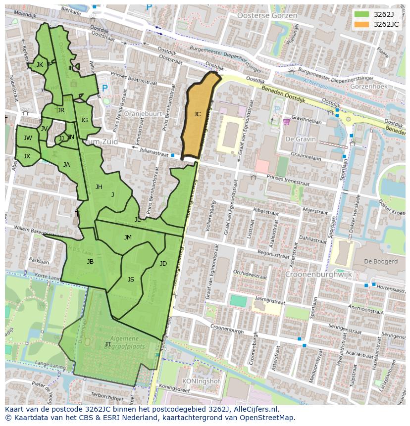 Afbeelding van het postcodegebied 3262 JC op de kaart.