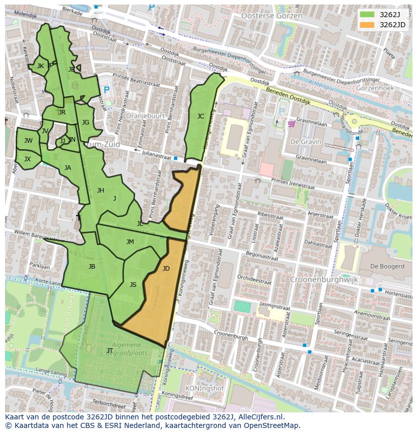 Afbeelding van het postcodegebied 3262 JD op de kaart.