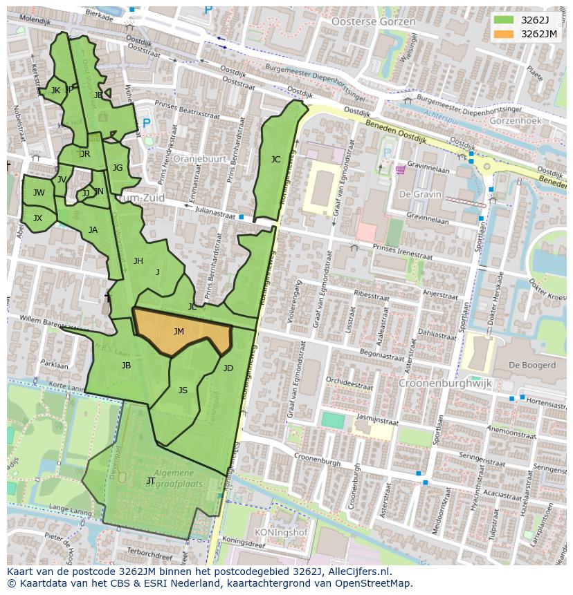 Afbeelding van het postcodegebied 3262 JM op de kaart.