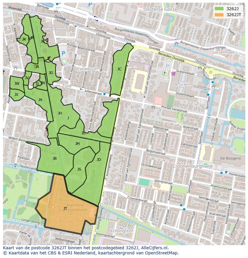 Afbeelding van het postcodegebied 3262 JT op de kaart.