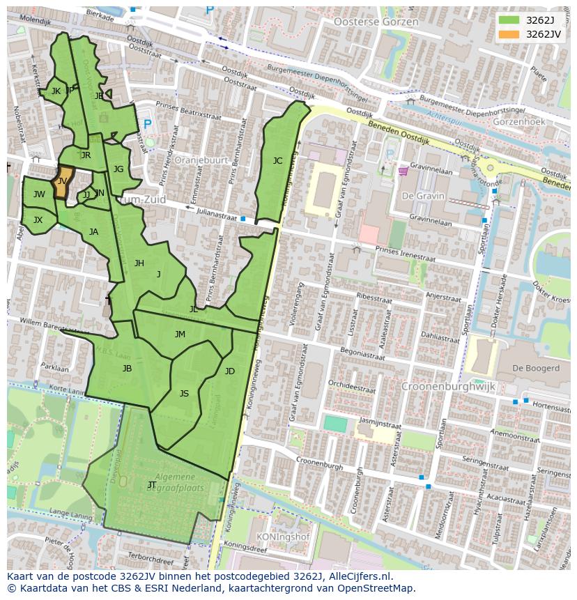 Afbeelding van het postcodegebied 3262 JV op de kaart.